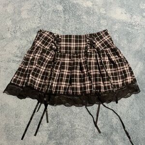 Plaid Black White & Pink Goth Miniskirt with Ribbons Bows and Lace Trim